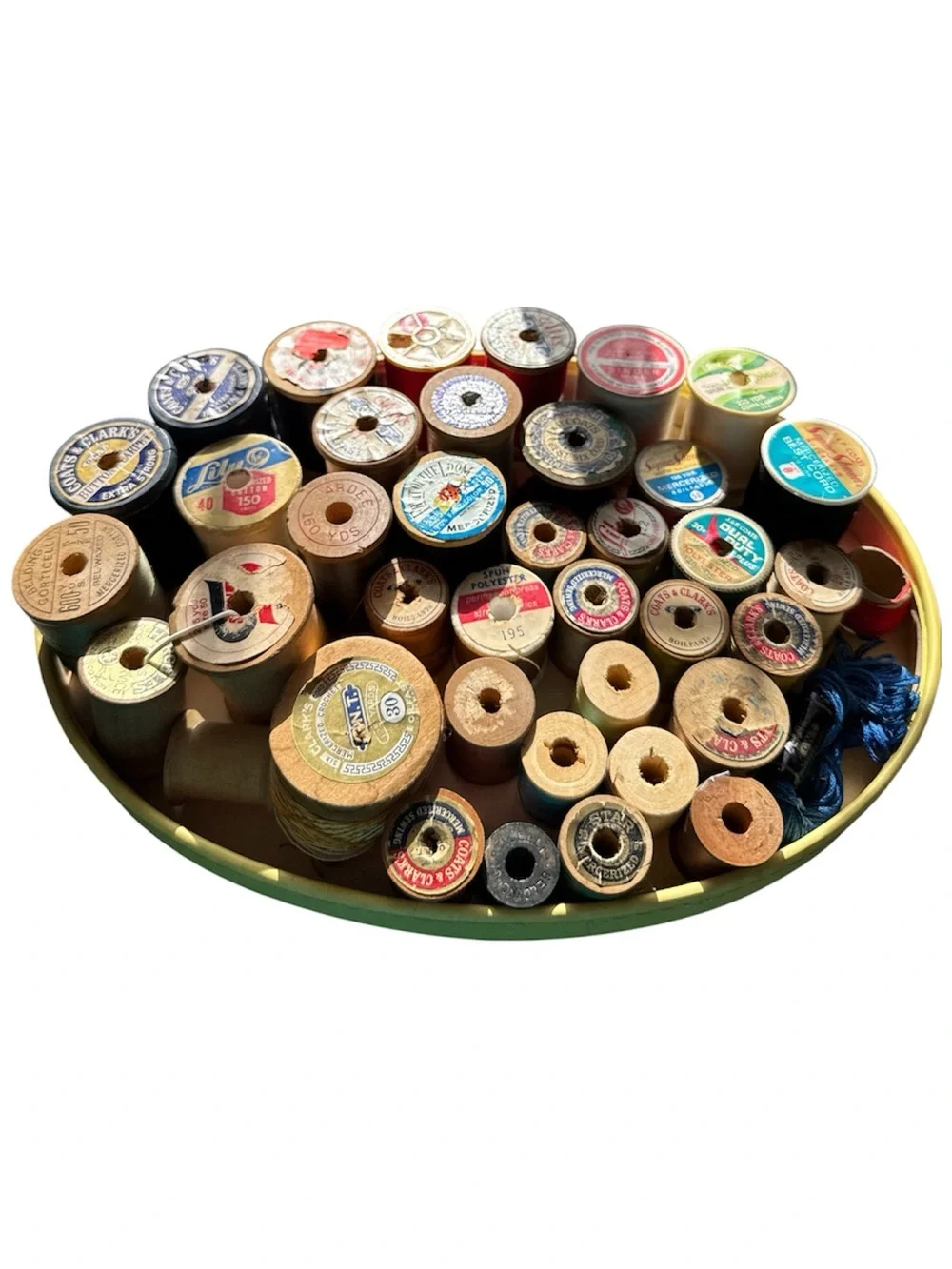 30+ Vintage Wooden Thread Spools. Most with thread. Circa 1930s to the 1960s.